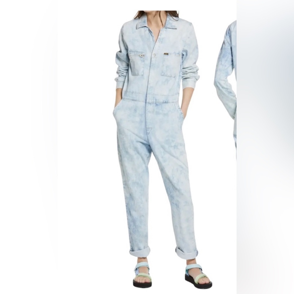 Lee Union All Vintage Modern Long Sleeve Acid Wash Denim Utility Jumpsuit Size S